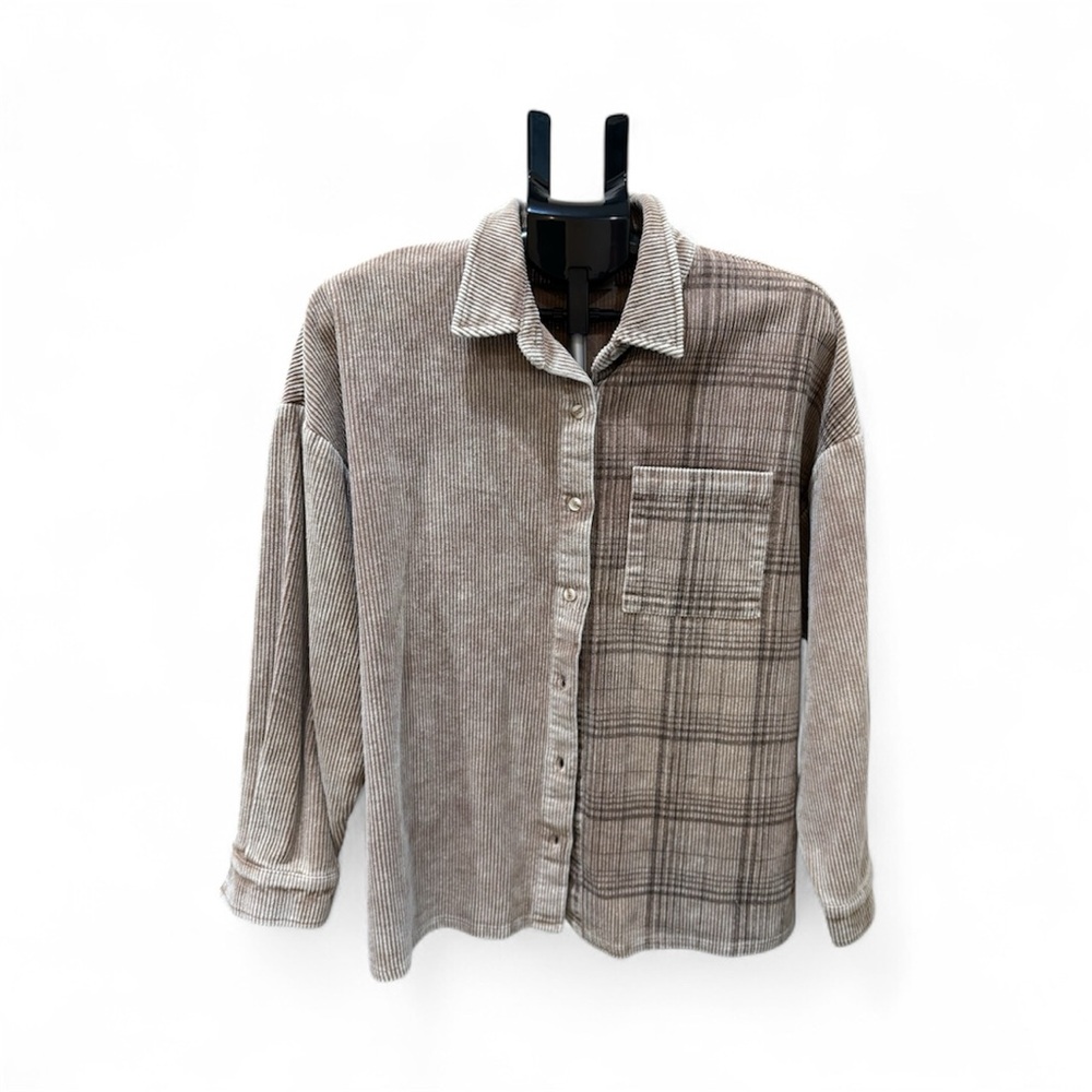 BiBi Beige Plaid Corduroy Button Down Shirt
